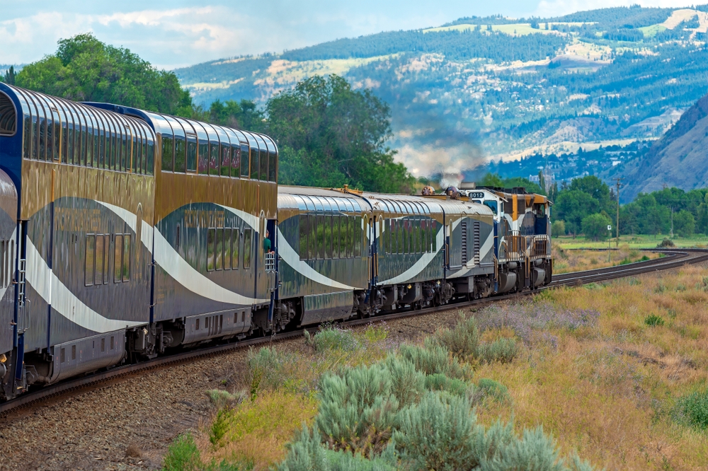 Train travelling through the Canadian Rockies